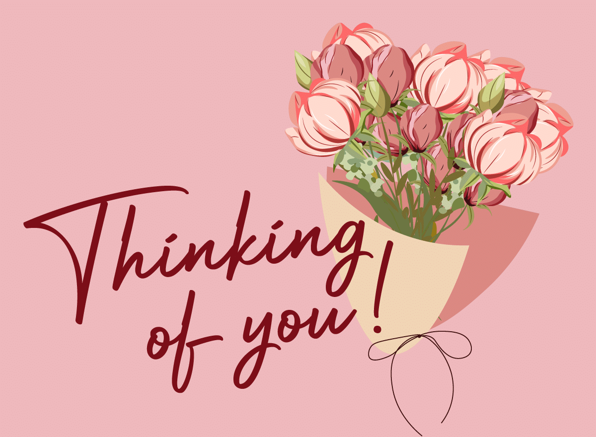 Thinking of you card with gray background and colorful illustrated flowers